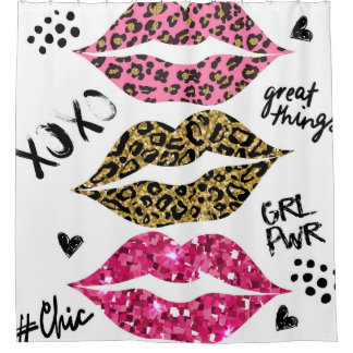Glitter Lips: Fashionable Leopard Print Shower Curtain