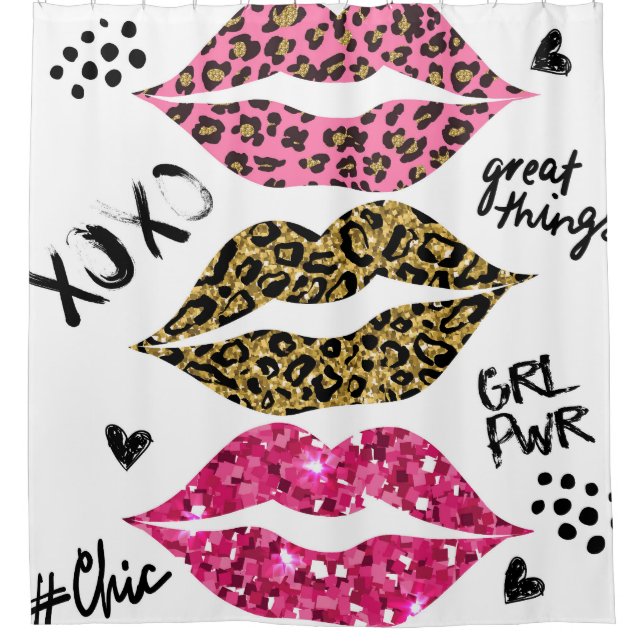 Glitter Lips: Fashionable Leopard Print Shower Curtain (Front)