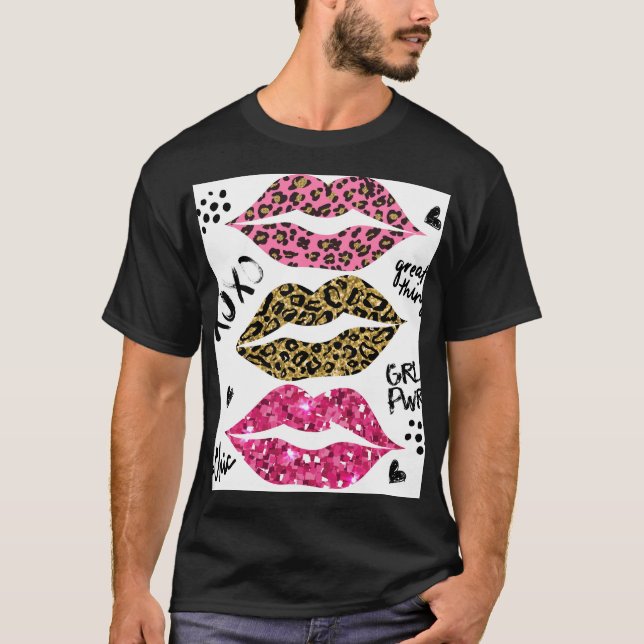 Glitter Lips: Fashionable Leopard Print T-Shirt (Front)