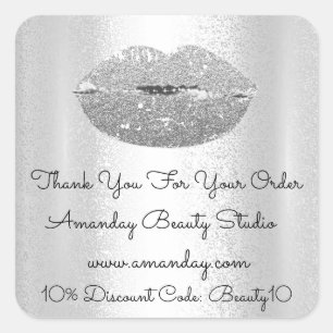 Glitter Lips Thank You Shopping Discount Silver Square Sticker