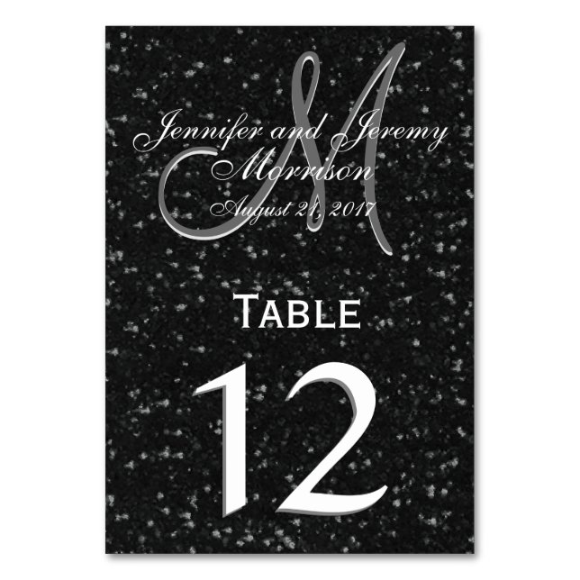 Glitter Look Black and White Monogram Table number (Front)