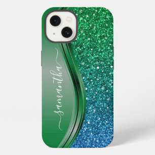 Glitter look Bright Green Blue Personalised Name iPhone 13 Case