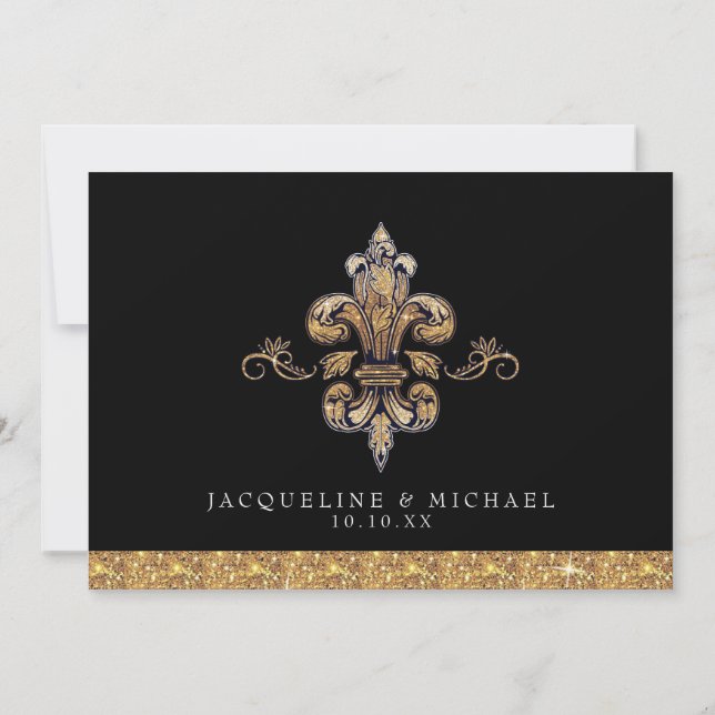 Glitter Look Faux Gold Black Formal Fleur de Lis Invitation (Back)