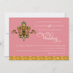 Glitter Look Faux Gold Black Formal Fleur de Lis Invitation