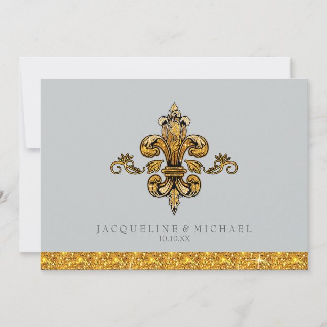 Glitter Look Faux Gold Black Formal Fleur de Lis Invitation (Front)
