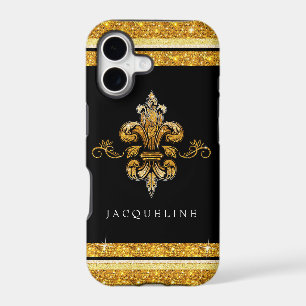 Glitter Look Faux Gold Black French Fleur de Lis