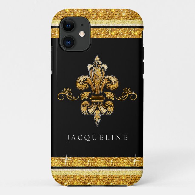 Glitter Look Faux Gold Black French Fleur de Lis Case-Mate iPhone Case (Back)
