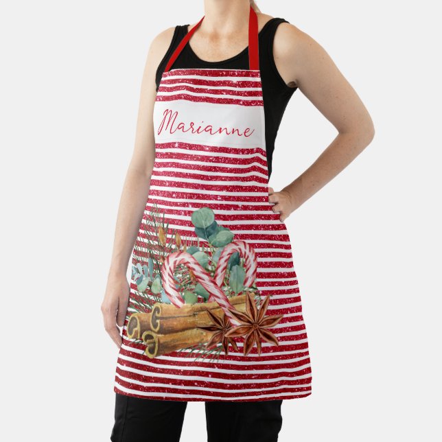 Glitter look Red Pine Candy Cane Bouquet Christmas Apron (Insitu)