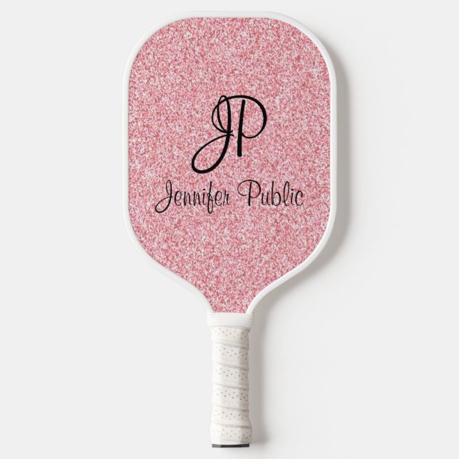 Glitter Look Rose Gold Monogrammed Chic Template Pickleball Paddle (Front)