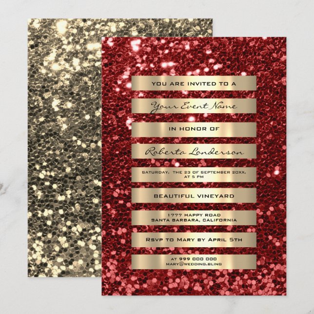 Glitter Luxury Gold Stripes Champagne Rubin Red Invitation (Front/Back)