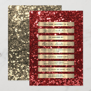 Glitter Luxury Gold Stripes Champagne Rubin Red Invitation