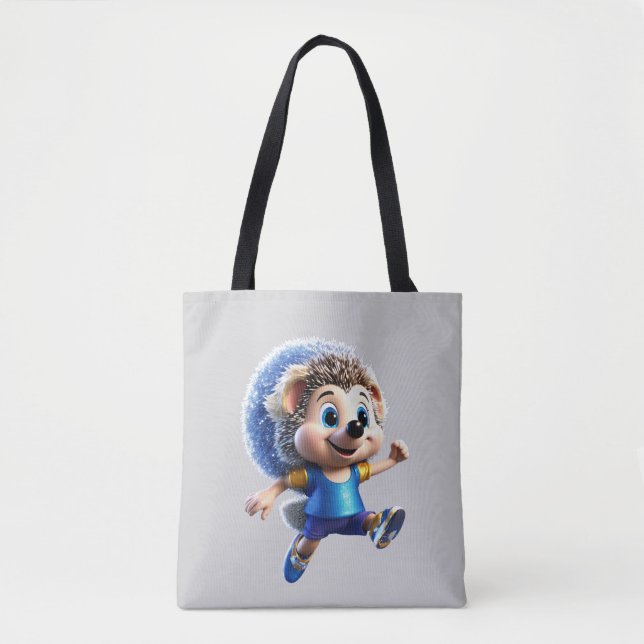 Glitter Magic Hedgehog Runner – Cute Chibi Cartoon Tote Bag (Front)