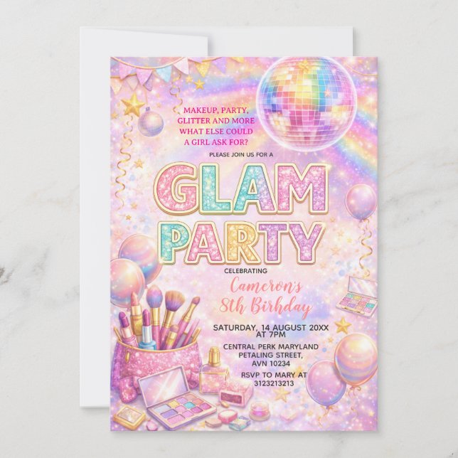 Glitter Makeup Disco Glam Kids Birthday Party Invitation (Front)