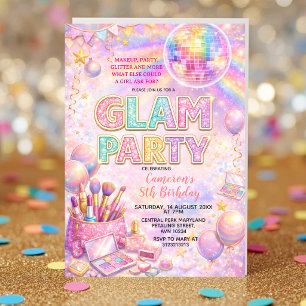 Glitter Makeup Disco Glam Kids Birthday Party Invitation