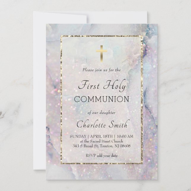 glitter marble background First Communion  Invitat Invitation (Front)