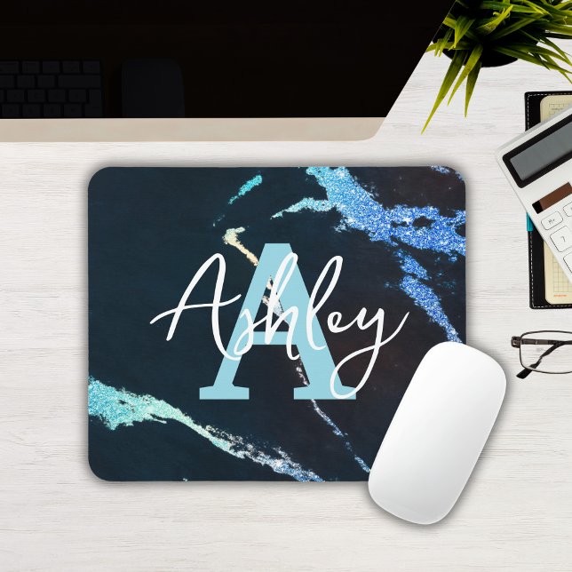 Glitter Marble Blue Personalised Monogram Mousepad (Custom Monogrammed Blue Glitter Marble Mousepad
)