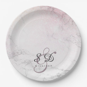Glitter Marble couple monogram Paper Plate
