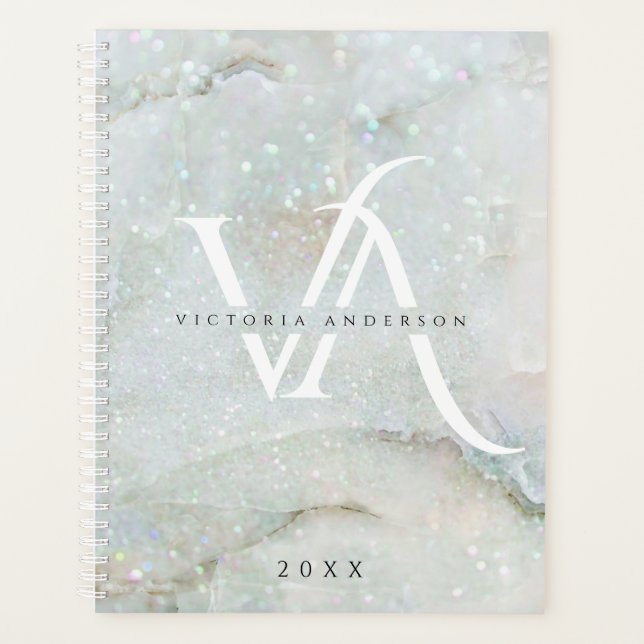 Glitter Marble Elegant White Split Monogram Custom Planner (Front)