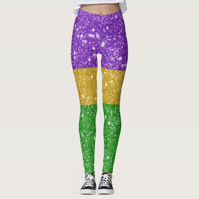 Glitter Mardi Gras Colourful Stripe Carnival Leggings (Front)