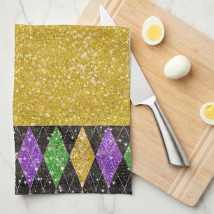 Glitter Mardi Gras Harlequin Argyle Tea Towel