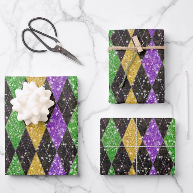 Glitter Mardi Gras Harlequin Argyle Wrapping Paper (Front)