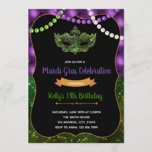 Glitter mardi gras party birthday invitation