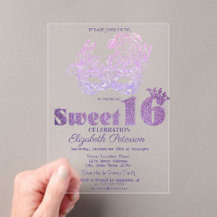 Glitter Mask Violet  Sweet 16 Acrylic Invitations