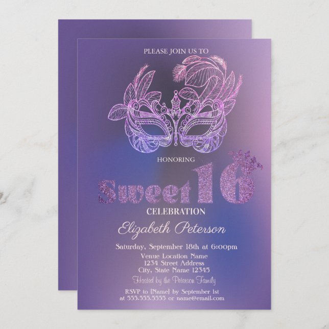 Glitter Mask Violet  Sweet 16 Invitation (Front/Back)