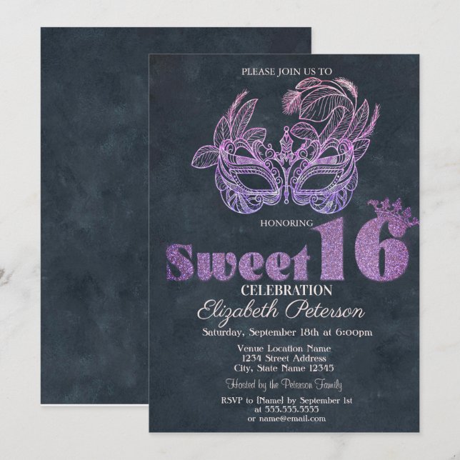 Glitter Masque Violet  Sweet 16 Invitation (Front/Back)