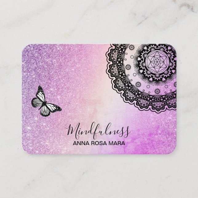 *~* Glitter Meditation Butterfly Reiki Mandala Business Card (Front)