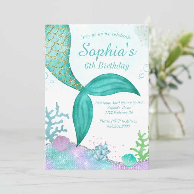 Glitter Mermaid Birthday Invitation  (Standing Front)
