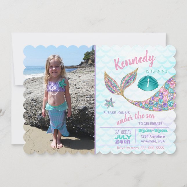 Glitter Mermaid Invitation, Under the Sea Party, Invitation (Front)