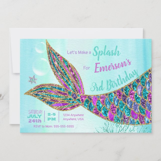 Glitter Mermaid Invitation, Under the Sea Party, Invitation (Front)