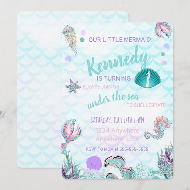 Glitter Mermaid Invitation, Under the Sea Party, Invitation (Front/Back)