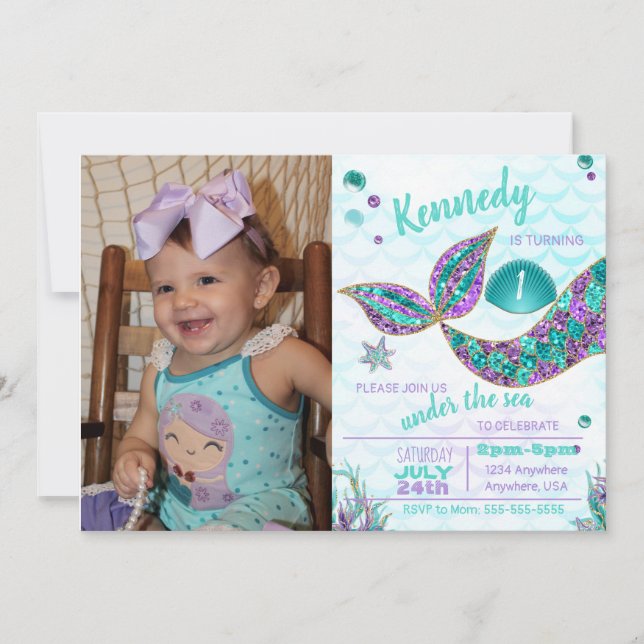 Glitter Mermaid Invitation, Under the Sea Party, Invitation (Front)