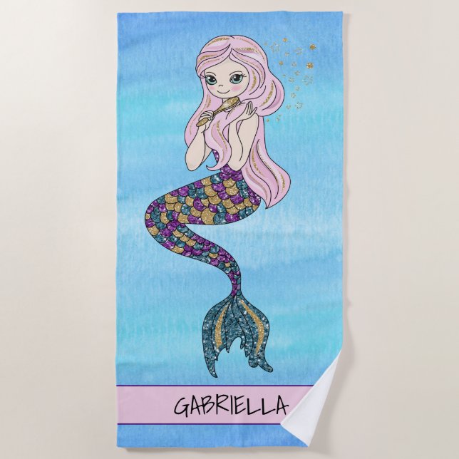 Glitter Mermaid Personalised Beach Towel (Front)