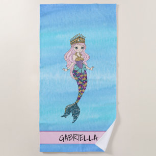 Glitter Mermaid Princess Personalised Beach Towel