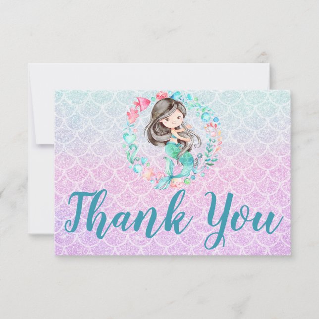 Glitter Mermaid Purple Pink Teal Thank You Card (Front)