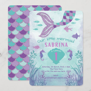 Glitter Mermaid, Purple, Tail, Under the sea Invitation