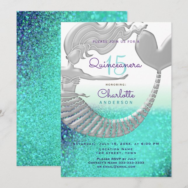 Glitter Mermaid Quinceanera Birthday Invitation (Front/Back)