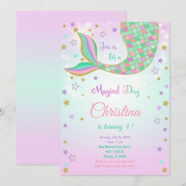 Glitter Mermaid Tail Birthday Invitation (Front/Back)