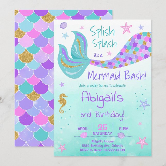 Glitter Mermaid Tail Teal Birthday Invite (Front/Back)