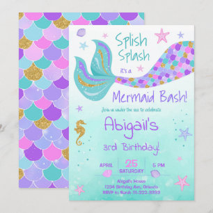 Glitter Mermaid Tail Teal Birthday Invite