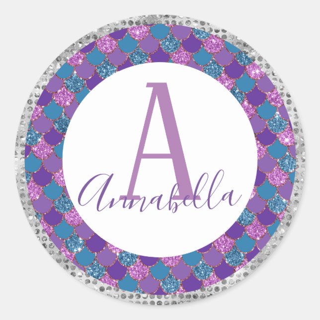 Glitter Mermaid Tail with Custom Name Classic Round Sticker (Front)