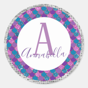 Glitter Mermaid Tail with Custom Name Classic Round Sticker