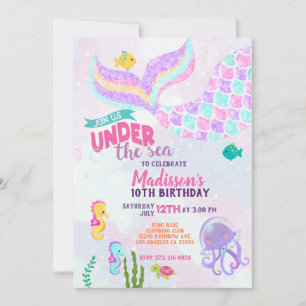 Glitter Mermaid Under the sea Birthday Invitation