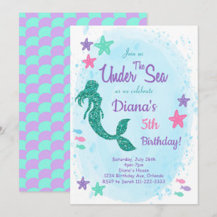 Glitter Mermaid Under the Sea Birthday Invitation