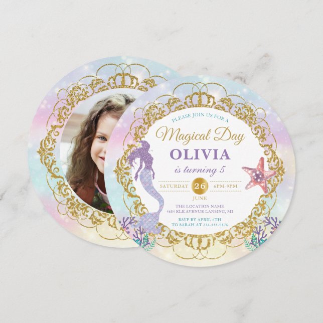 Glitter Mermaid Under The Sea Birthday Photo Invitation (Front/Back)