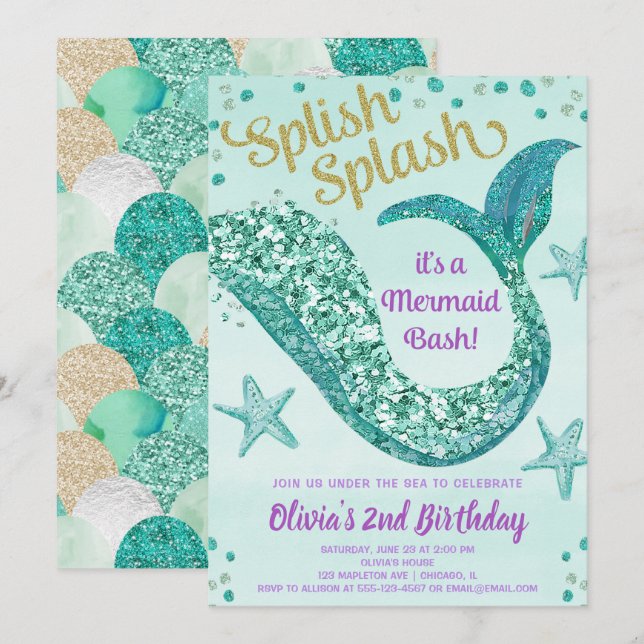 Glitter mermaid under the sea girl birthday party invitation (Front/Back)