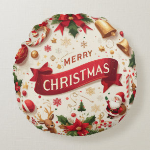 Glitter Merry Christmas Bell Santa Round Cushion